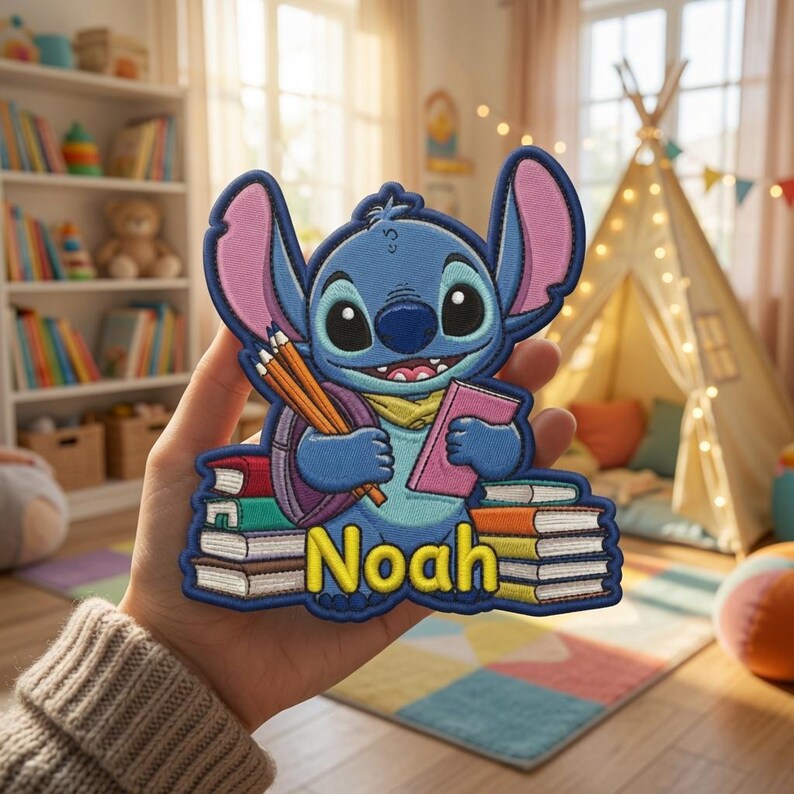 May include: An embroidered patch featuring a blue alien character holding a pink book and orange pencils, surrounded by stacks of colorful books. The name Noah is stitched in yellow letters at the bottom of the patch, which has a dark blue border.