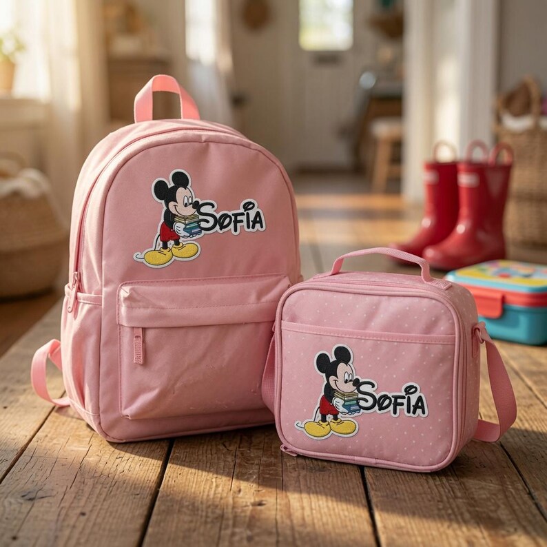 May include: A pink backpack and a matching pink lunch bag, both featuring a graphic of Mickey Mouse holding books and the name Sofia printed in black. The lunch bag has a subtle white polka dot pattern and a top handle with an adjustable strap.