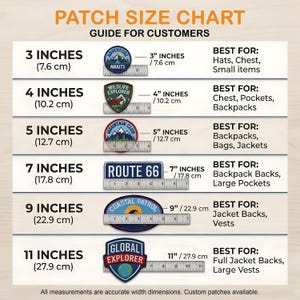 Op de afbeelding: Een patch-maattabel met afmetingen in inches en centimeters. De tabel toont patches van 3 inch (7,6 cm) tot 11 inch (27,9 cm), met voorbeelden van patch-ontwerpen en voorgestelde toepassingen, zoals hoeden, rugzakken en jassen.