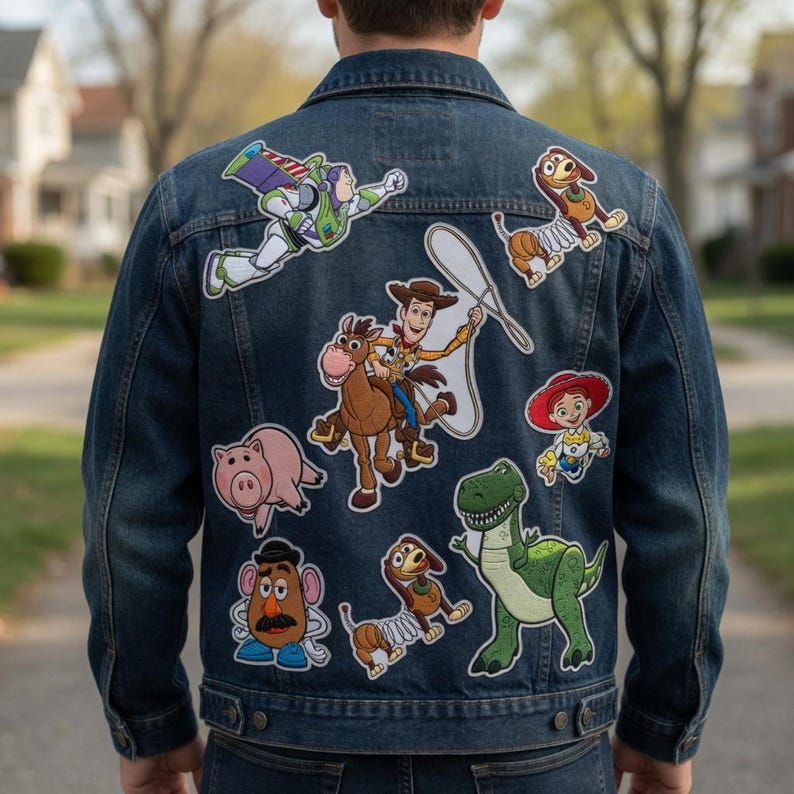 K&ouml;nnte beinhalten: Eine dunkelblaue Jeansjacke mit mehreren gestickten Aufn&auml;hern von Zeichentrickfiguren, darunter ein Weltraum-Ranger, ein Cowboy auf einem Pferd mit Lasso, ein Cowgirl, ein gr&uuml;ner Dinosaurier, ein Schwein, eine Kartoffelfigur und zwei Federhunde.