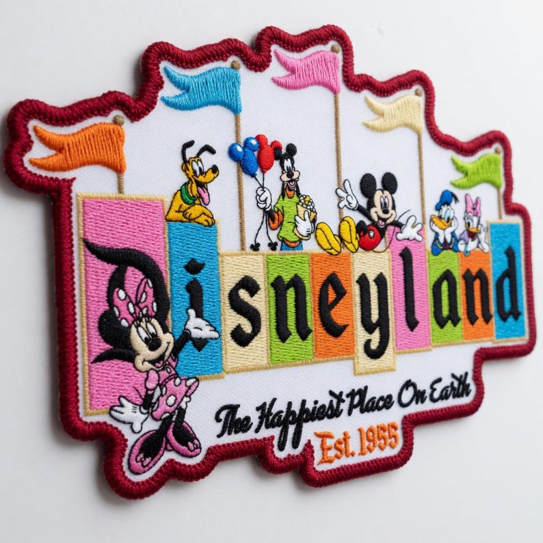 May include: Embroidered Disneyland patch featuring Minnie Mouse, Mickey Mouse, Goofy, Pluto, Donald Duck, and Daisy Duck. The patch has a white background with colorful flags and the text "Disneyland" and "The Happiest Place On Earth Est. 1955".