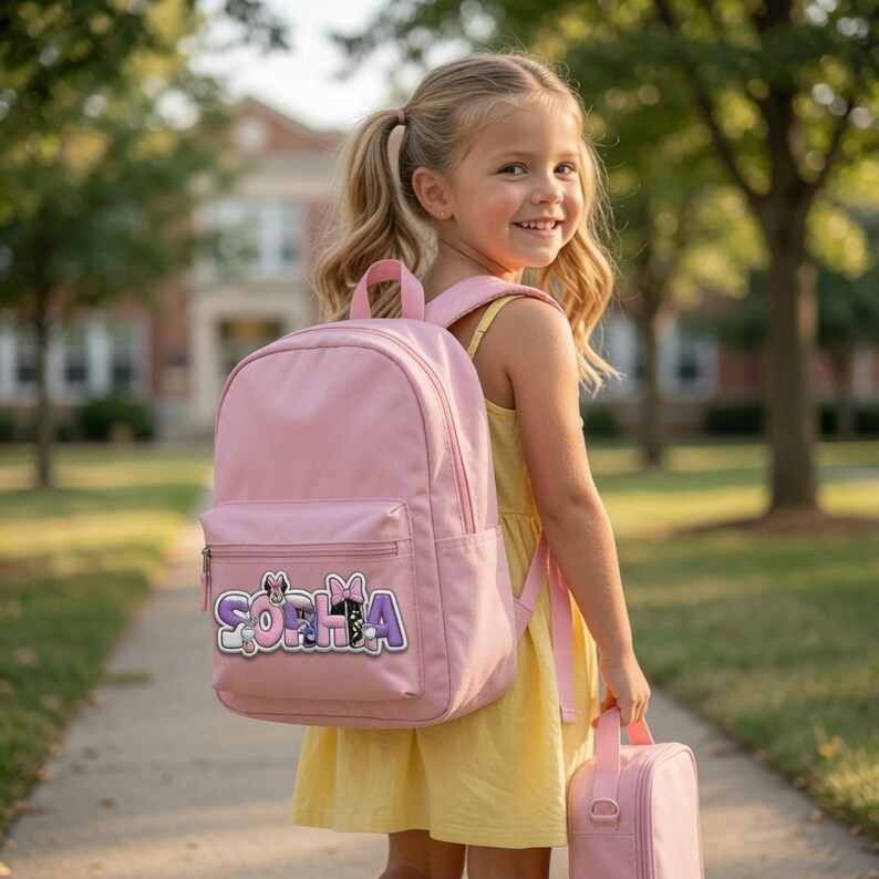 May include: A light pink backpack featuring the name SOPHIA in large, stylized purple and white letters with a small cartoon mouse character graphic integrated into the design. The backpack has a front zippered pocket and adjustable shoulder straps.