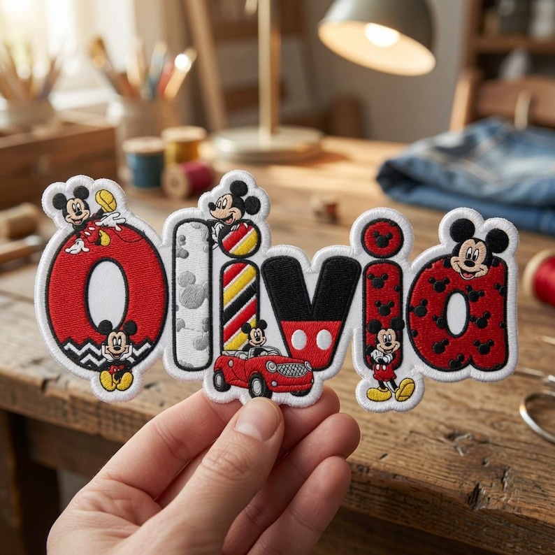 May include: A custom embroidered patch featuring the name Olivia in a playful font. Each letter incorporates Mickey Mouse imagery, including red and black patterns, a small red car, and multiple Mickey Mouse figures in various poses.