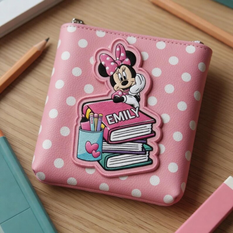 May include: Pink polka-dot zippered pouch featuring a Minnie Mouse patch. The patch shows Minnie Mouse sitting on a stack of books with the name "EMILY" on the top book. A pencil case and pencils are visible.