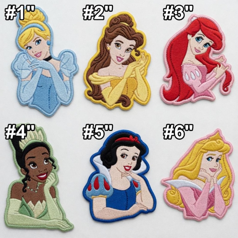 May include: Embroidered patches featuring six different princess designs. Each patch showcases a princess with vibrant colors and detailed stitching. The princesses include Cinderella, Belle, Ariel, Tiana, Snow White, and Aurora.