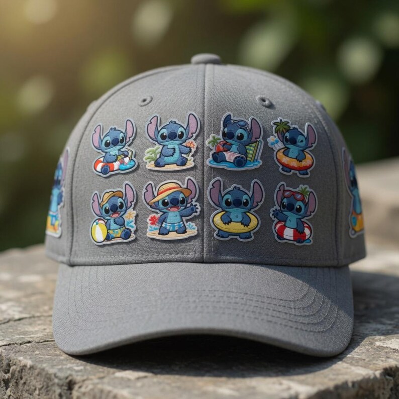 May include: Gray baseball cap featuring multiple colorful Stitch character patches in various beach-themed poses. The patches depict Stitch with beach balls, in swimsuits, and with inflatable rings. The cap has a curved brim and a button on top.