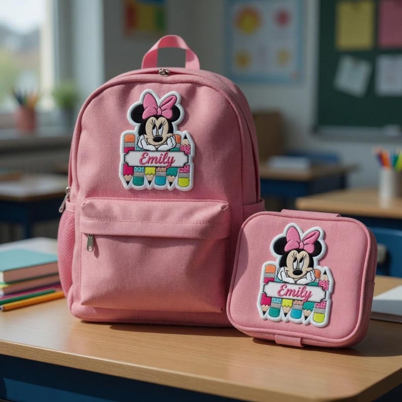 Op de afbeelding: Roze rugzak en bijpassende lunchtas met een Minnie Mouse-ontwerp. De rugzak heeft een voorvak en een zijvak. Beide items hebben een patch met de naam "Emily" en kleurrijke potloden.