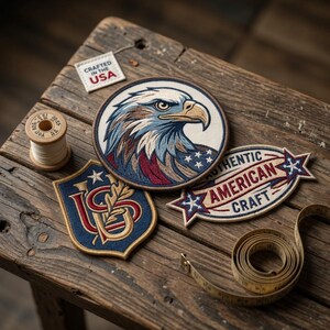 May include: A collection of embroidered patches with patriotic themes, including an eagle, stars, and the text "Authentic American Craft." The patches are in shades of blue, red, and beige, with a tag that reads "Crafted in the USA."