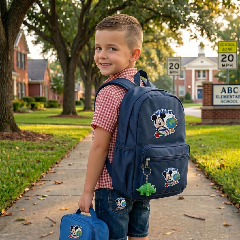 May include: A navy blue backpack and lunch bag featuring a Mickey Mouse graphic with the name "William". The backpack has a front pocket and a green dinosaur keychain. The boy is wearing denim shorts.