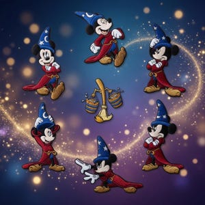Peut inclure: Écussons brodés représentant Mickey Mouse en costume de magicien. Les écussons montrent Mickey dans diverses poses, portant un chapeau de magicien bleu avec des étoiles et un croissant de lune, une robe rouge et des chaussures marron. Un balai et des seaux dorés sont également présents.