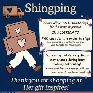 Puede incluir: Ilustraci&oacute;n con un cami&oacute;n de madera y una persona que lleva dos cajas con recortes de coraz&oacute;n. El texto dice "Shingping" y "&iexcl;Gracias por comprar en Her gift Inspires!"