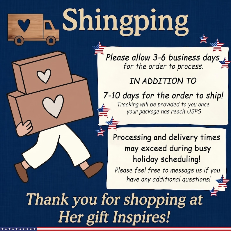 Puede incluir: Ilustraci&oacute;n con un cami&oacute;n de madera y una persona que lleva dos cajas con recortes de coraz&oacute;n. El texto dice "Shingping" y "&iexcl;Gracias por comprar en Her gift Inspires!"