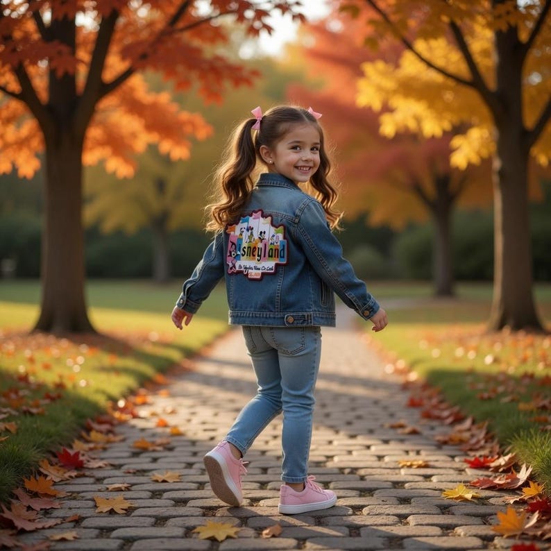 May include: A young person wearing a denim jacket with a Disneyland patch on the back, paired with light blue jeans and pink sneakers. The jacket features a colorful design with the Disneyland logo. The scene is set on a brick path lined with trees with autumn foliage.