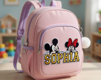 Mickey Minnie Mouse Custom Name Embroidered Patch - DIY Iron On Sew On Hook & Loop Kids Pencil Case Backpack