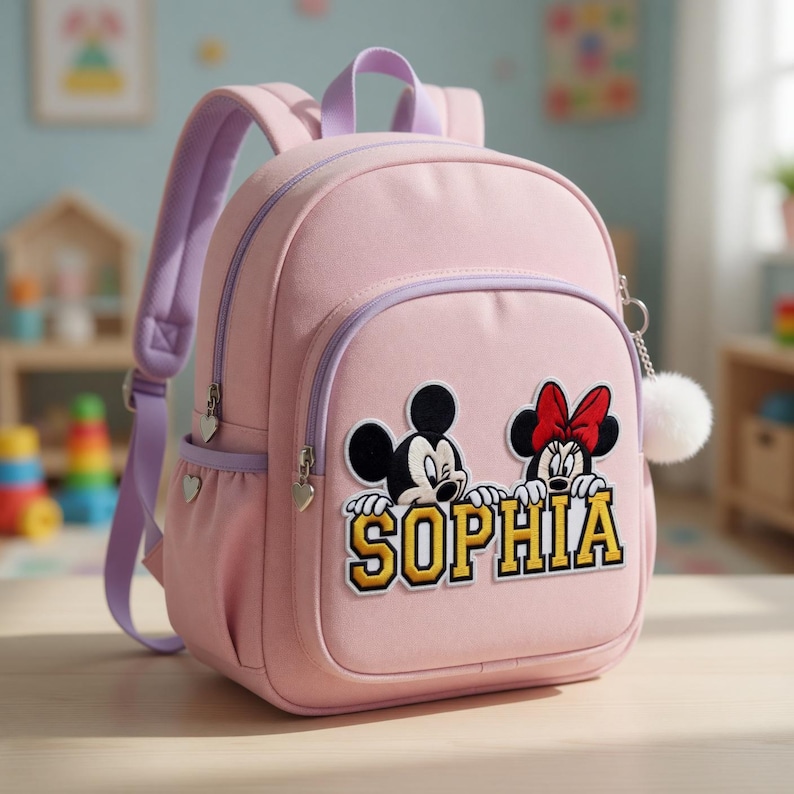 Puede incluir: Mochila rosa con detalles morados, con Mickey y Minnie Mouse. El nombre "SOPHIA" est&aacute; bordado en amarillo y blanco. Incluye un charm de pomp&oacute;n blanco y tiradores de cremallera en forma de coraz&oacute;n. Ideal para la escuela o viajes.