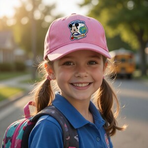 May include: A pink baseball cap with a Mickey Mouse patch, the name "William" and a globe. The cap is worn by a young person with pigtails, a blue shirt, and a backpack. A school bus is visible in the background.