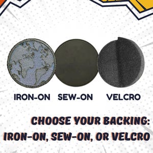 Peut inclure: Trois &eacute;cussons circulaires avec diff&eacute;rents supports : thermocollant, &agrave; coudre et Velcro. L'&eacute;cusson thermocollant pr&eacute;sente un motif de carte du monde. Le texte "CHOOSE YOUR BACKING: IRON-ON, SEW-ON, OR VELCRO" est affich&eacute; en dessous.