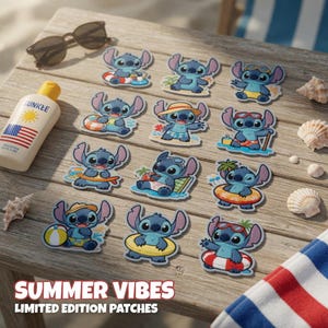 May include: A collection of Stitch character patches in various summer-themed poses, including swimming, surfing, and relaxing. The patches are arranged on a wooden surface with sunglasses and a bottle of sunscreen. The text "SUMMER VIBES LIMITED EDITION PATCHES" is displayed.