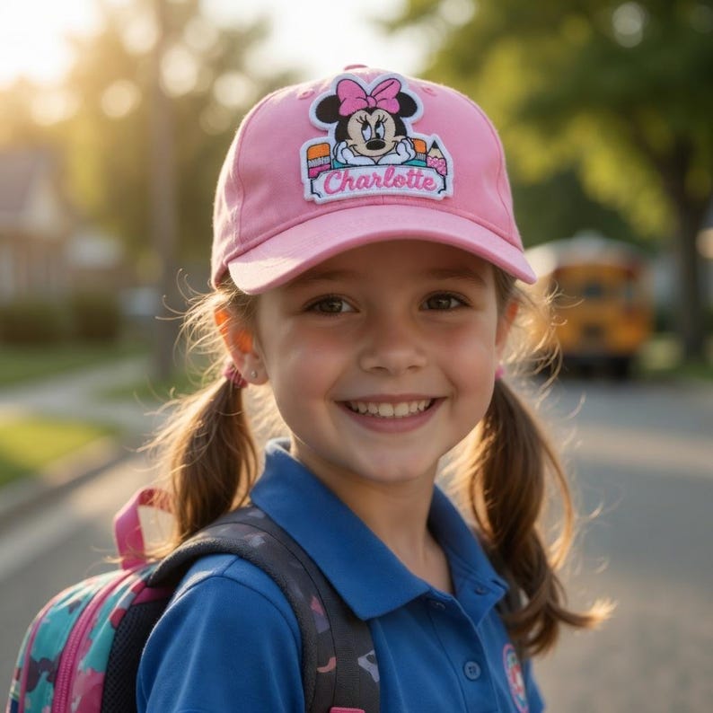 Op de afbeelding: Een meisje lacht, met een roze baseballpet met een Minnie Mouse-patch en de naam "Charlotte". Ze draagt een blauw overhemd met kraag en een rugzak. Een schoolbus is zichtbaar op de achtergrond.