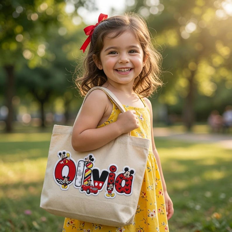 May include: A beige canvas tote bag featuring the name Olivia in large, colorful, patterned letters. Each letter is decorated with Mickey Mouse motifs, including red, black, and white designs, with small Mickey Mouse figures positioned around the text.
