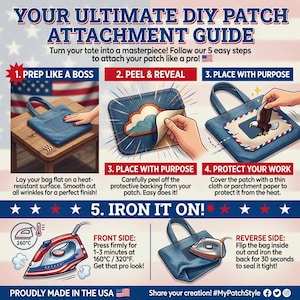 May include: A guide for attaching patches to a tote bag. The steps include prepping the bag, peeling the patch, placing the patch, protecting the work, and ironing. The image shows an iron set to 160&deg;C / 320&deg;F. Text: YOUR ULTIMATE DIY PATCH ATTACHMENT GUIDE.