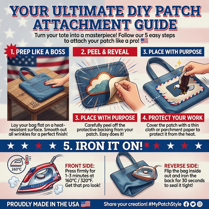 May include: A guide for attaching patches to a tote bag. The steps include prepping the bag, peeling the patch, placing the patch, protecting the work, and ironing. The image shows an iron set to 160&deg;C / 320&deg;F. Text: YOUR ULTIMATE DIY PATCH ATTACHMENT GUIDE.