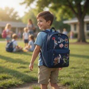 K&ouml;nnte beinhalten: Ein marineblauer Rucksack mit verschiedenen bunten Aufn&auml;hern von Toy Story-Figuren, darunter Woody, Buzz Lightyear, Rex, Hamm und Mr. Potato Head, ausgestattet mit zwei Rei&szlig;verschlussf&auml;chern und verstellbaren Schultergurten.