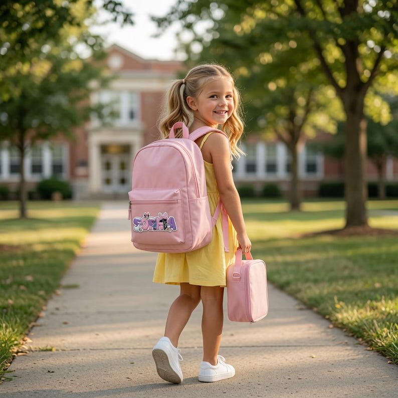 May include: A light pink backpack and a matching rectangular lunch bag. The backpack features a front pocket with a custom patch displaying the name Sophia in colorful, stylized lettering with a small cartoon character icon above the letters.