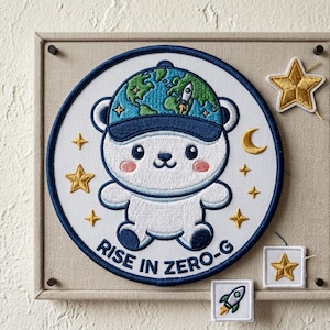 Op de afbeelding: Geborduurde patch met een witte beer met een blauwe pet met een wereldbolontwerp en een raket. De patch is omgeven door sterren, een halve maan en de tekst "RISE IN ZERO-G". Extra ster- en raketpatches zijn ook aanwezig.