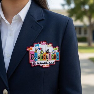 May include: A navy blue blazer with a Disneyland patch. The patch features the Disneyland logo with various cartoon characters and the text "The Happiest Place On Earth Est. 1955".