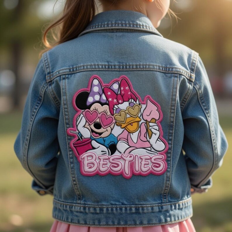 May include: Light blue denim jacket with a colorful patch featuring Minnie Mouse and Daisy Duck wearing heart-shaped sunglasses. The patch also includes the word "Besties" in pink lettering.