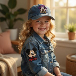 May include: A denim jacket and baseball cap featuring Disney's Mickey Mouse. The jacket has a Mickey Mouse patch with the name "Dylan" embroidered on it. The cap has a Mickey Mouse design with the name "Avery" embroidered on it.