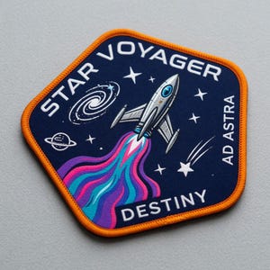 May include: A navy blue embroidered patch with an orange border. The patch features a silver rocket ship with a colorful trail, a galaxy, stars, and the words "STAR VOYAGER DESTINY AD ASTRA".