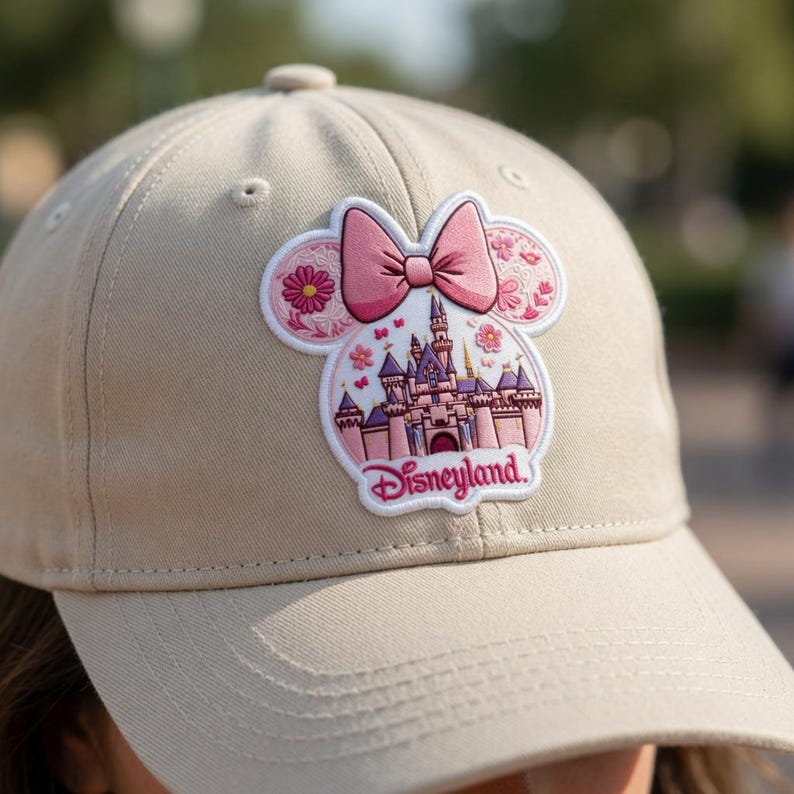 May include: Beige baseball cap with a pink Disneyland patch. The patch is shaped like a mouse head, with a pink bow, castle, and the word "Disneyland". The cap has a curved peak and a button on the crown.