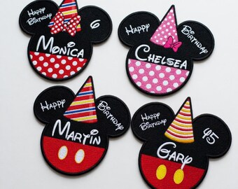 Aangepaste naam verjaardag Disney geborduurde patch, Mickey Minnie Mouse gelukkige verjaardag opstrijkbaar, gepersonaliseerde leeftijdsbadge opnaaien jas rugzak