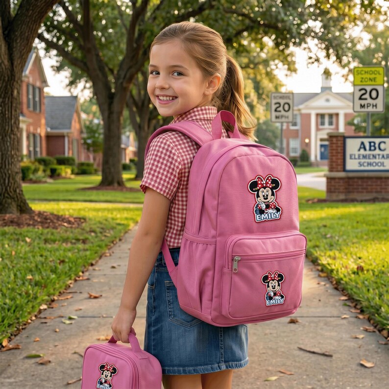 May include: A pink backpack and matching lunch bag featuring a Minnie Mouse design. The backpack has a front zipper pocket and a patch with the name "Emily". The girl is wearing a red and white checkered shirt and a denim skirt.