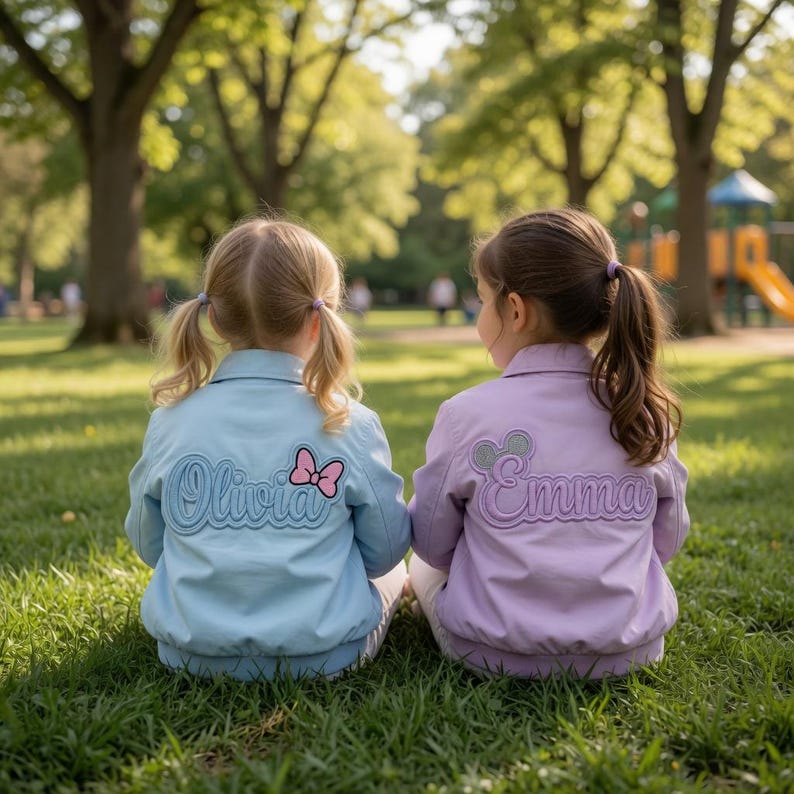 May include: Two children wearing light blue and lavender jackets with embroidered names and character-themed designs on the back. The jackets are worn outdoors on a grassy area with trees in the background.