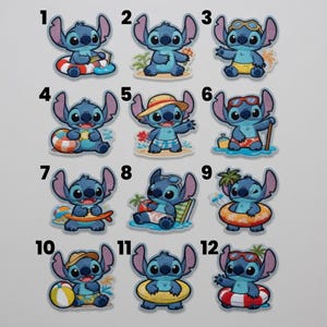 May include: A collection of twelve blue cartoon character patches, each depicting the character in various summer-themed poses. Some patches feature the character with sunglasses, beach balls, or inflatable rings.