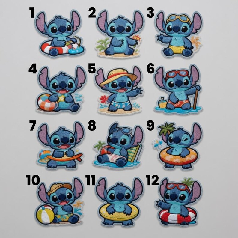 May include: A collection of twelve blue cartoon character patches, each depicting the character in various summer-themed poses. Some patches feature the character with sunglasses, beach balls, or inflatable rings.