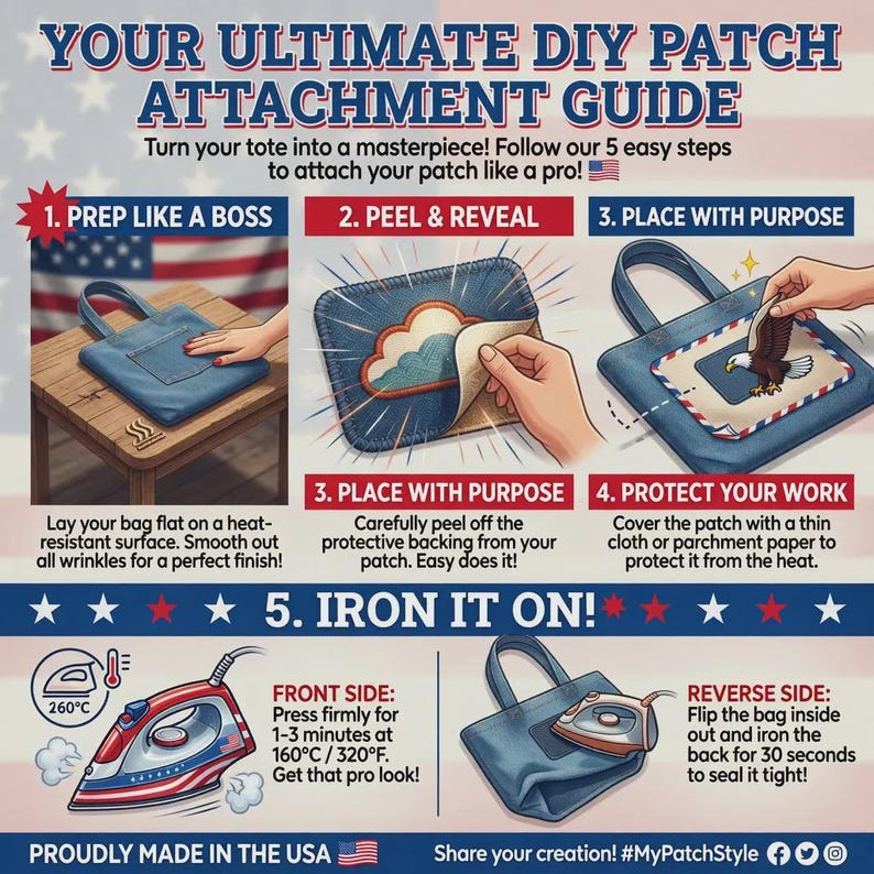 May include: An instructional guide titled YOUR ULTIMATE DIY PATCH ATTACHMENT GUIDE featuring five steps to apply a patch to a denim tote bag. It includes illustrations of a blue denim bag, a patch, and an iron with temperature settings of 320&deg;F.