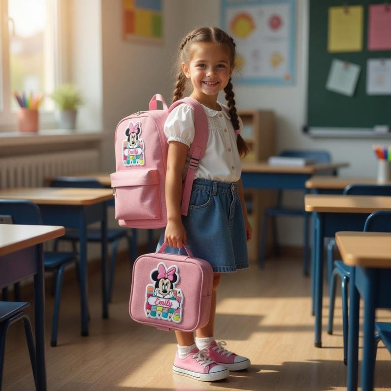 Op de afbeelding: Een jong meisje staat in een klaslokaal met een roze lunchbox en draagt een roze rugzak, beide met een Minnie Mouse-ontwerp. De rugzak heeft een voorvak en verstelbare bandjes. De lunchbox heeft een handvat. Ze draagt een spijkerbroekrok en roze sneakers.