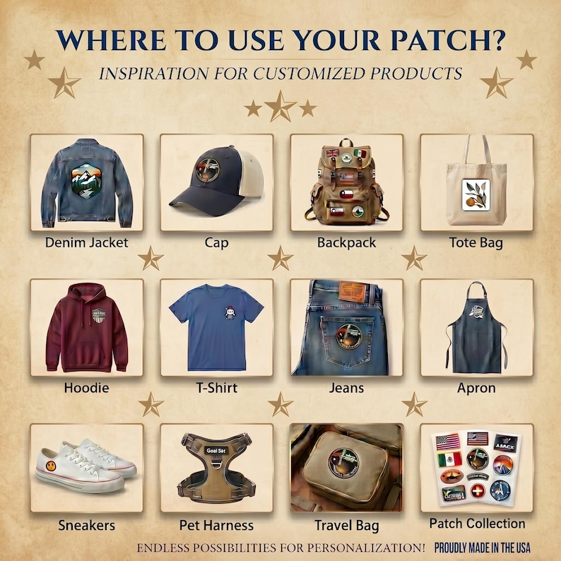 Puede incluir: Un anuncio que muestra varios art&iacute;culos como una chaqueta vaquera, gorra, mochila, bolso de mano, sudadera con capucha, camiseta, vaqueros, delantal, zapatillas, arn&eacute;s para mascotas, bolsa de viaje y colecci&oacute;n de parches. Cada art&iacute;culo presenta un parche.