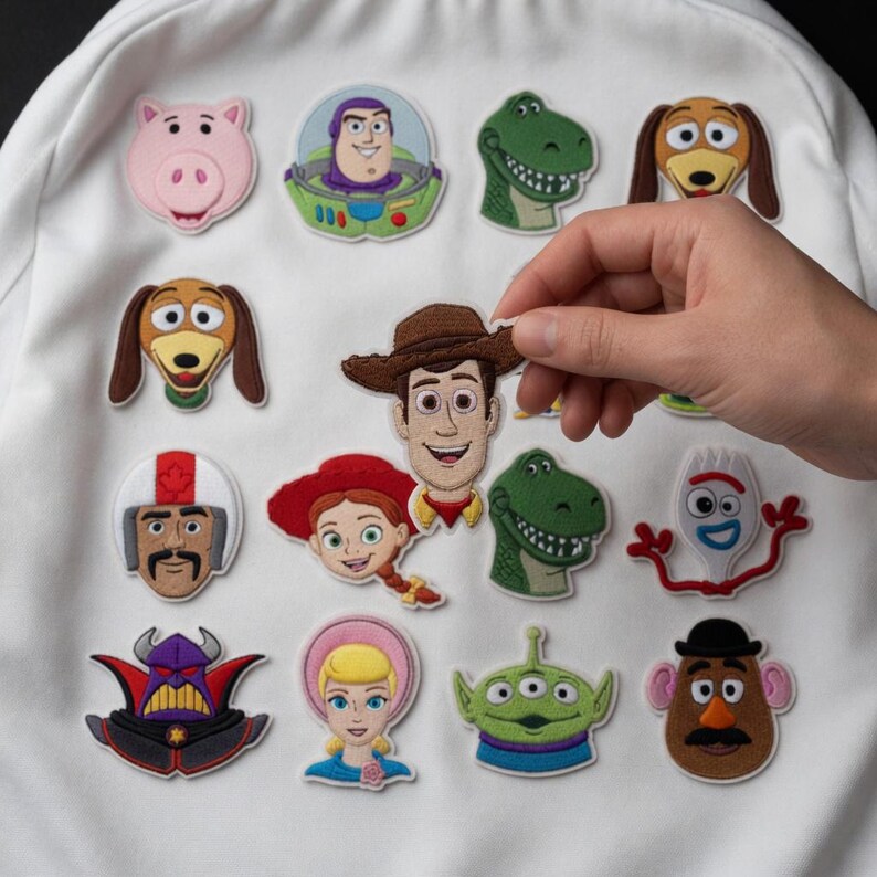 May include: A collection of embroidered patches featuring various animated characters from the Toy Story franchise, including a pig, space ranger, dinosaur, dog, cowboy, cowgirl, stuntman, spork, villain, shepherd, alien, and potato character.