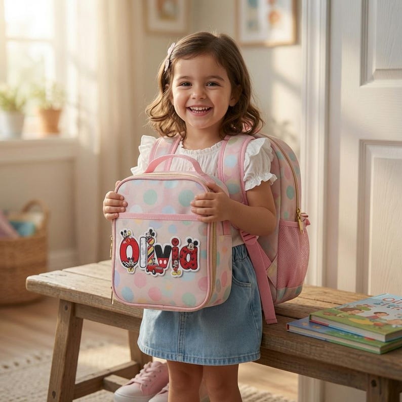 May include: A light pink lunch bag featuring a pastel polka dot pattern and the name Olivia in stylized lettering with cartoon character accents. The bag has a top handle, a front pocket, and is paired with a matching pink polka dot backpack.