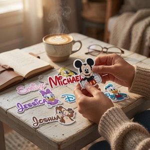 May include: A collection of custom embroidered patches featuring Disney characters and personalized names including Michael, Emily, Jessica, and Joshua. Each patch displays a colorful character illustration alongside a name in a distinct script font.