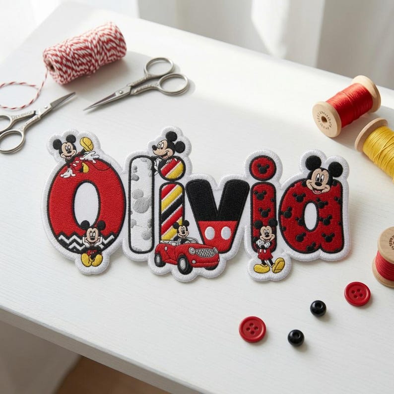 May include: A custom embroidered fabric patch featuring the name Olivia in a playful font. Each letter incorporates Mickey Mouse motifs, including red and black patterns, a small red car, and various character poses on a white background.