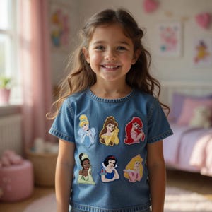 May include: A light blue denim t-shirt featuring six colorful patches of Disney princesses. The patches include images of Cinderella, Belle, Ariel, Tiana, Snow White, and Aurora. The shirt is worn by a young girl.