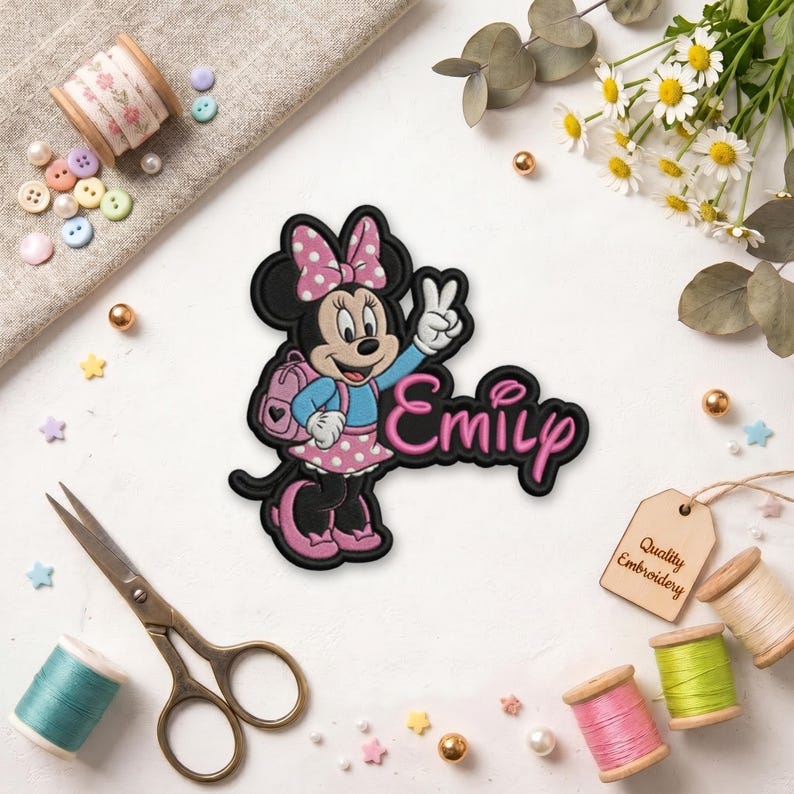 Puede incluir: Parche bordado con Minnie Mouse con un vestido y lazo de lunares rosas, haciendo el signo de la paz. El nombre "Emily" est&aacute; escrito en cursiva rosa. Una peque&ntilde;a etiqueta dice "Quality Embroidery".