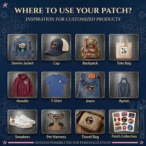 May include: A grid of twelve images showing various items like a denim jacket, cap, backpack, tote bag, hoodie, t-shirt, jeans, apron, sneakers, pet harness, travel bag, and a patch collection, all featuring decorative patches with text.