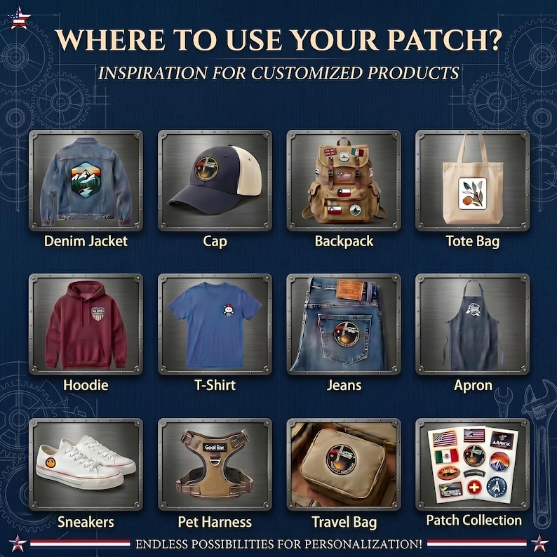 May include: A grid of twelve images showing various items like a denim jacket, cap, backpack, tote bag, hoodie, t-shirt, jeans, apron, sneakers, pet harness, travel bag, and a patch collection, all featuring decorative patches with text.